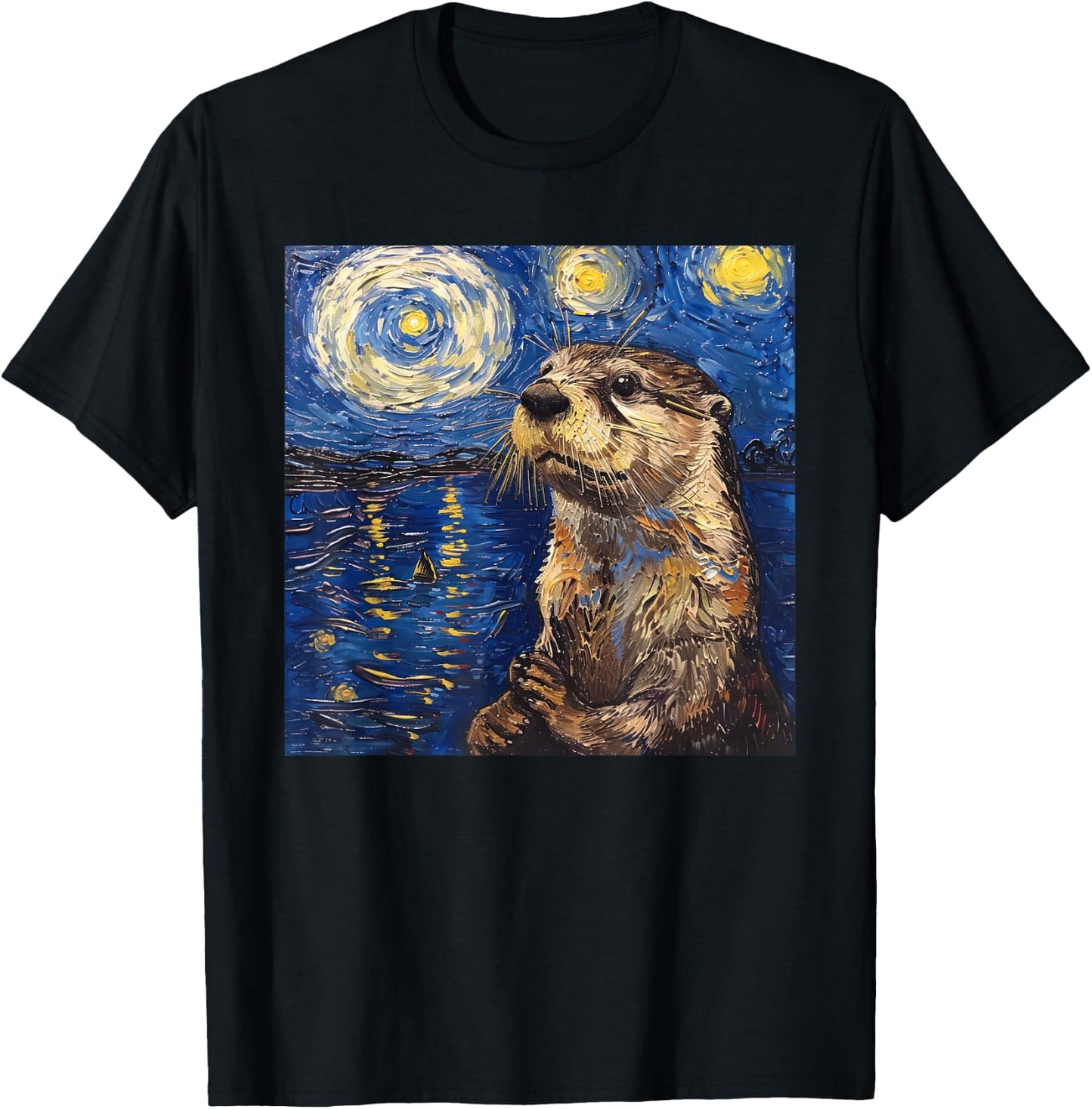 Otter Van Gogh Style Starry Night T-Shirt - T-Shirt | Black
