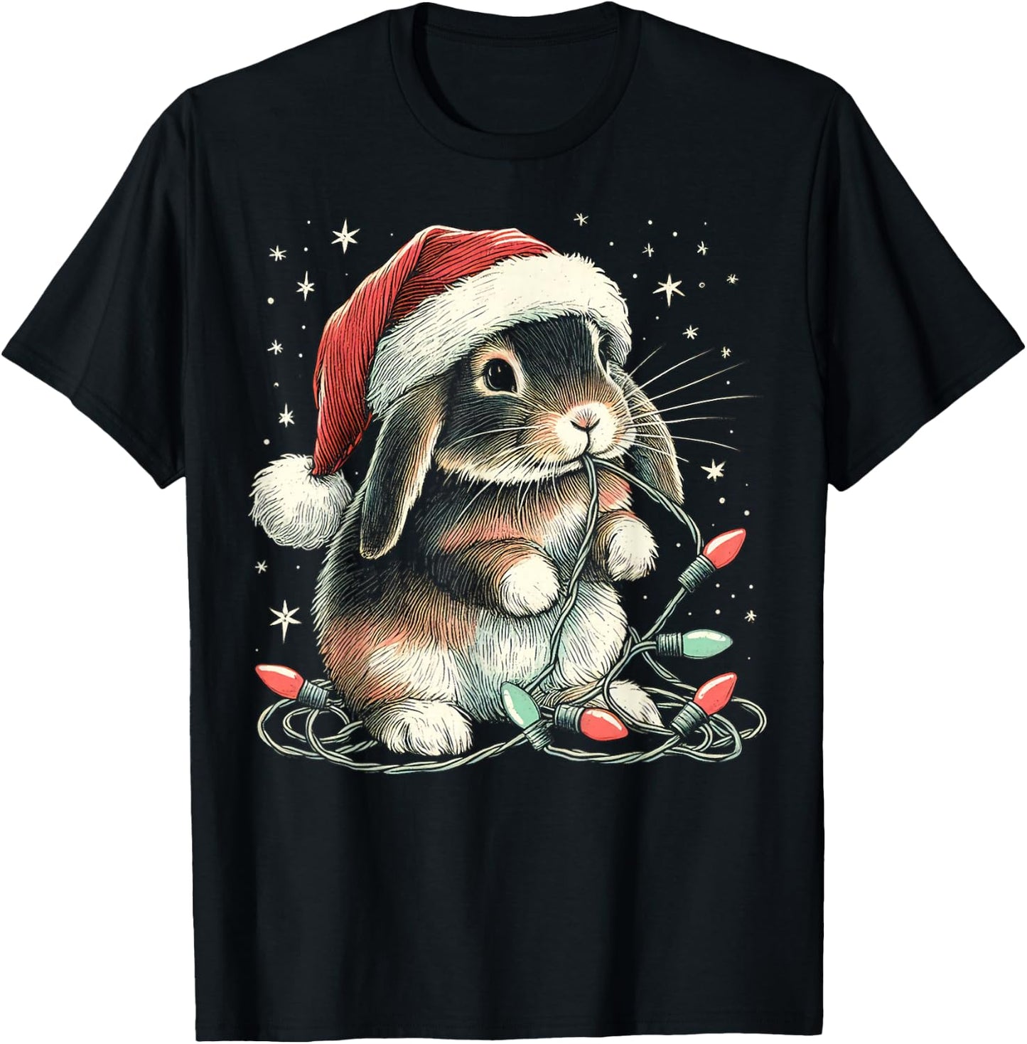Funny Holland Lop Rabbit Bunny Chew Christmas Light Xmas T-Shirt - T-Shirt | Black