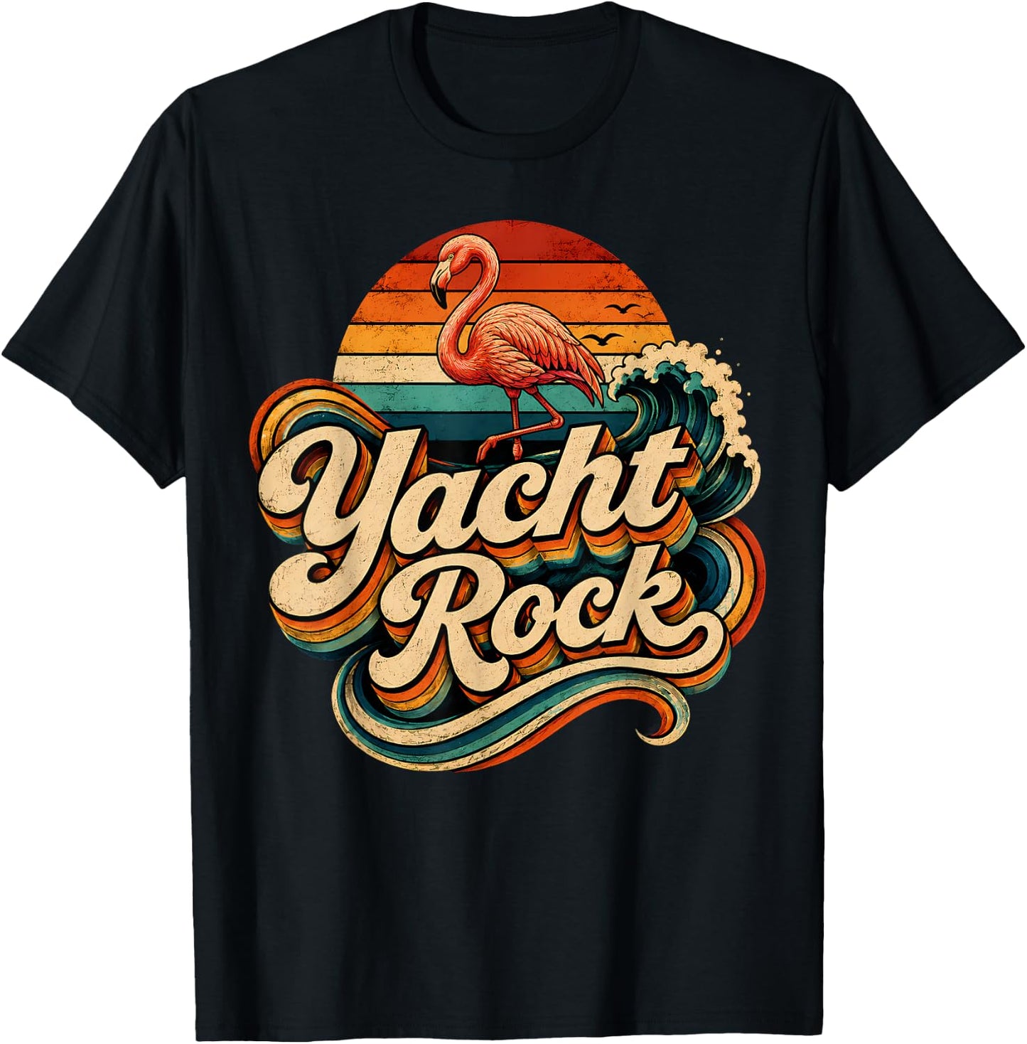 Yacht Rock Flamingo Vintage 70s 80s Music Vibes Grunge Retro T-Shirt - T-Shirt | Black