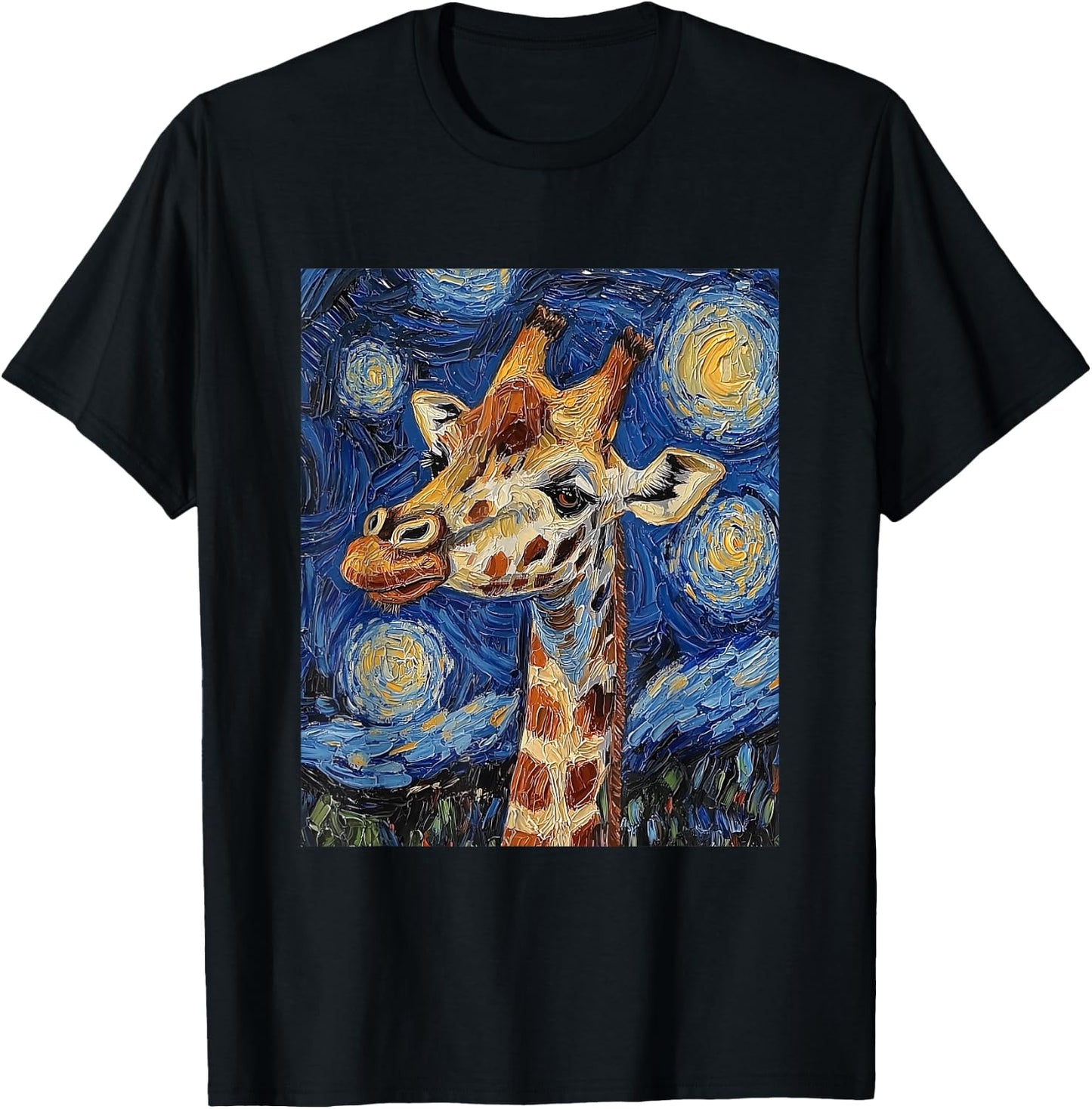 Giraffe Africa Van Gogh Style Starry Night Cute Graphic T-Shirt - T-Shirt | Black