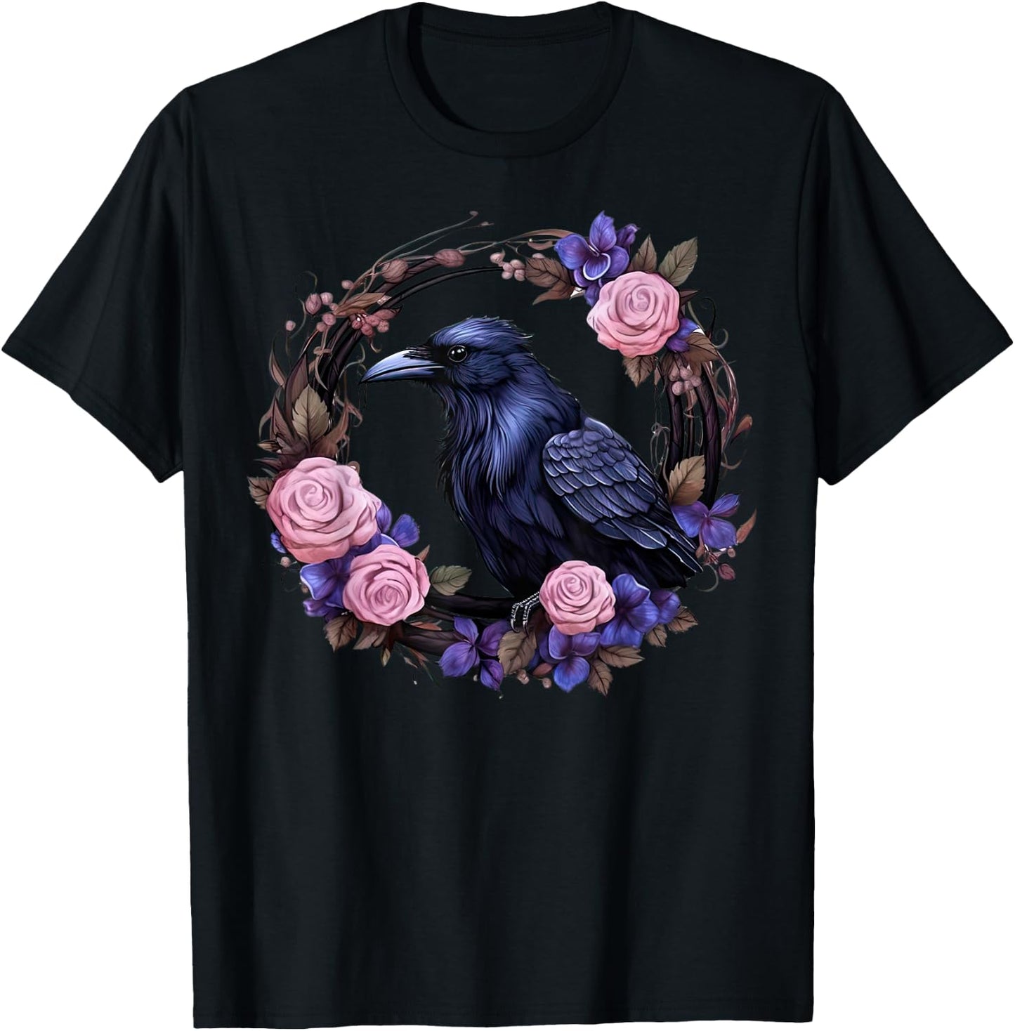 Gothic Raven Full Moon Pink Flowers Vintage Floral Crow T-Shirt - T-Shirt | Black