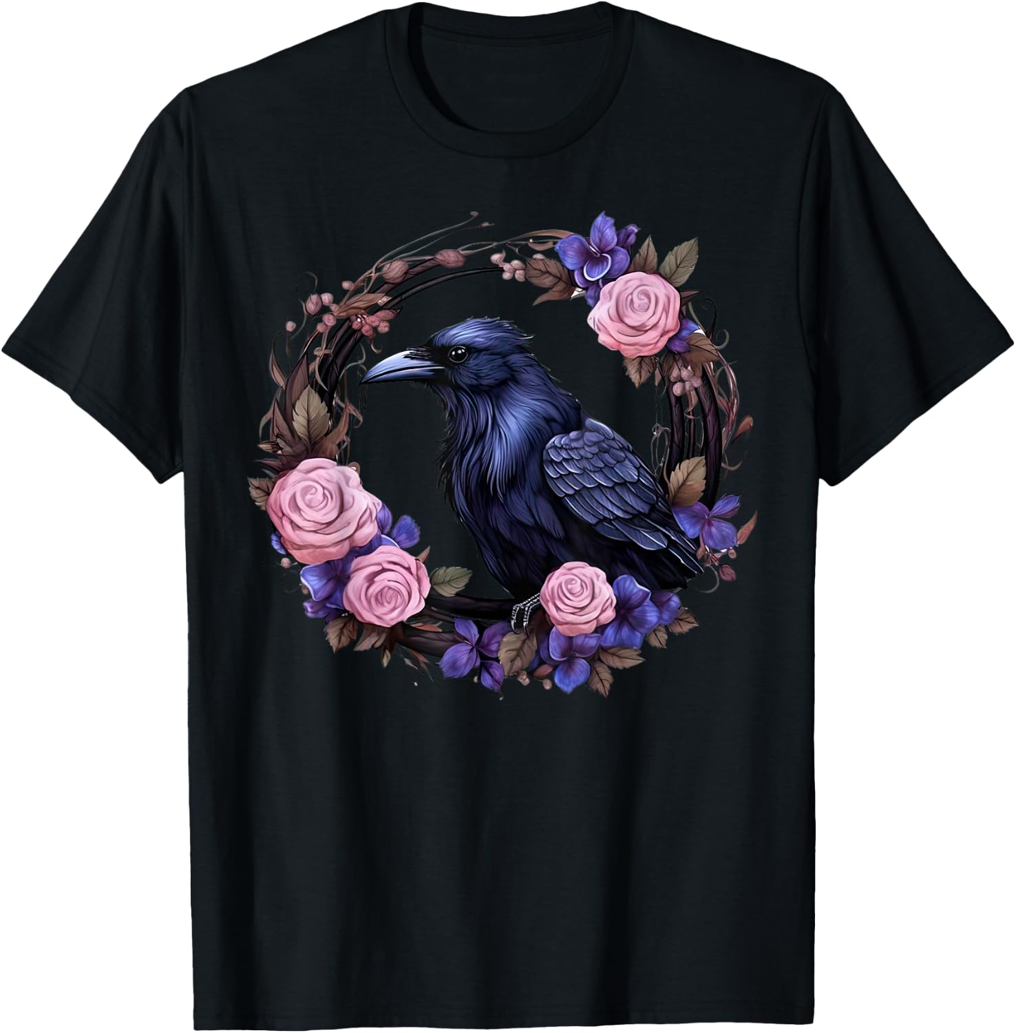 Gothic Raven Full Moon Pink Flowers Vintage Floral Crow T-Shirt - T-Shirt | Black