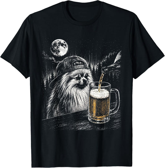 Dog Drinking Beer Cute Pomeranian Meme Pet Lover Humor T-Shirt - T-Shirt | Black