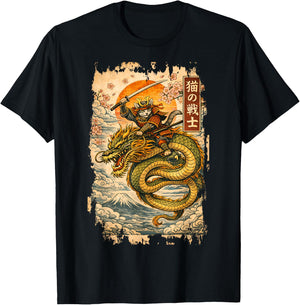Fierce Samurai Cat Riding a Dragon Design T-Shirt - T-Shirt | Black