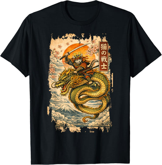 Fierce Samurai Cat Riding a Dragon Design T-Shirt - T-Shirt | Black