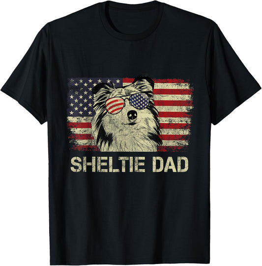 Sheltie Dad Dog Lovers American Flag 4th Of July Men T-Shirt - T-Shirt | Black