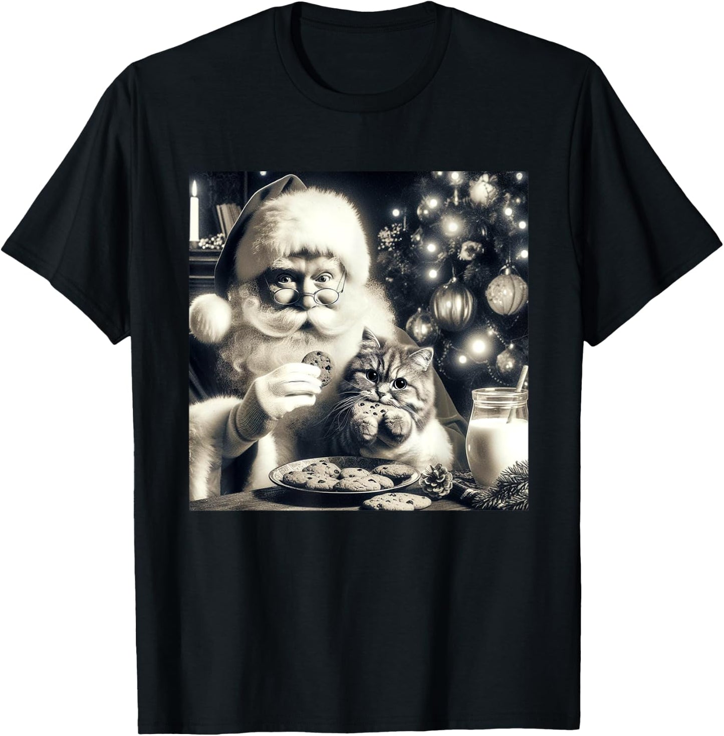 Vintage Cat Santa Photo Eating Cookies And Milk Christmas Men Women T-Shirt - T-Shirt | Black