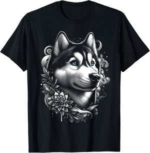 Cooler Husky mit blauen Augen und Blumen Deko T-Shirt - T-Shirt | Black