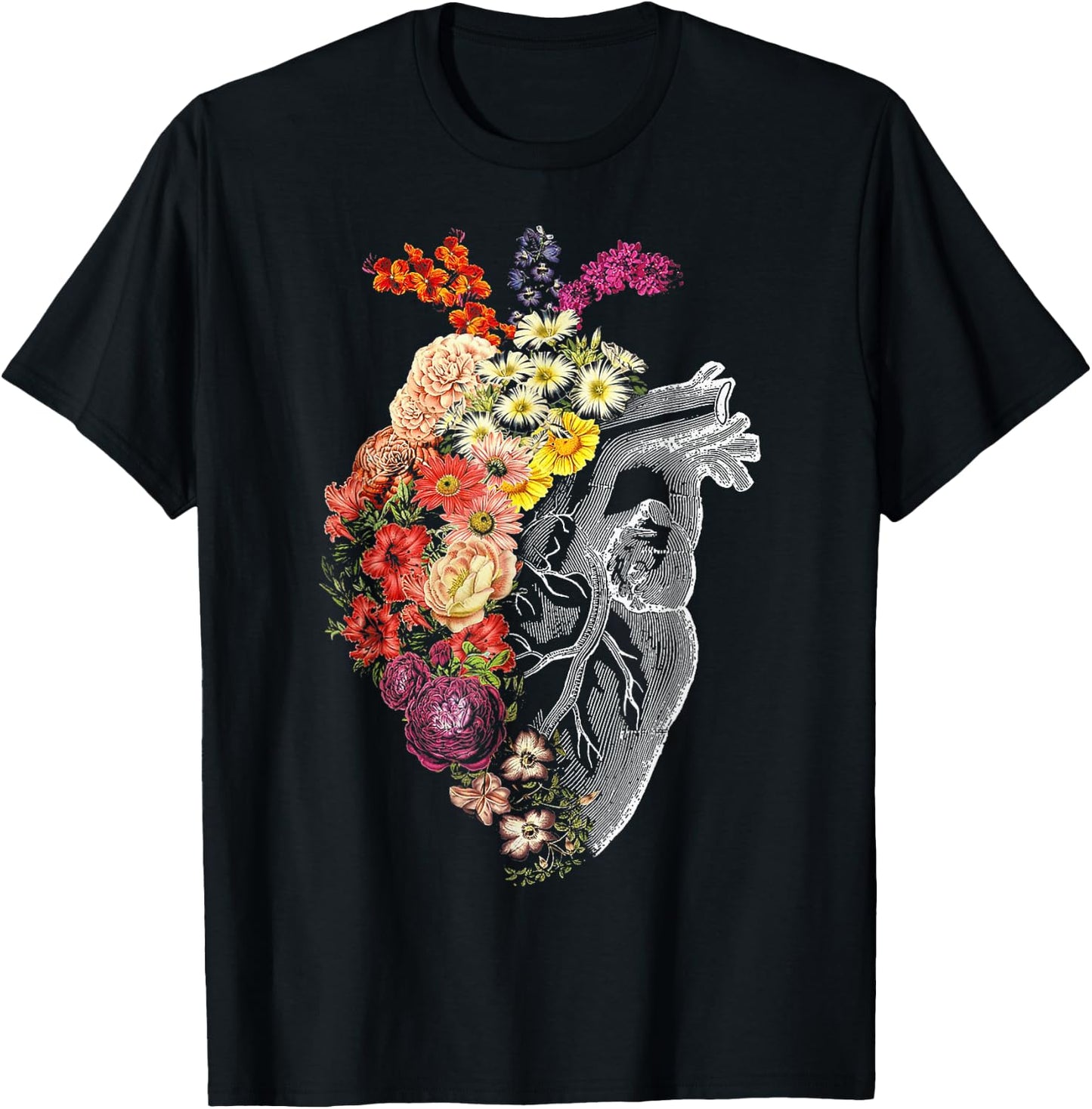 Anatomical Heart And Flowers Funny Nurse Gift Graduation T-Shirt - T-Shirt | Black