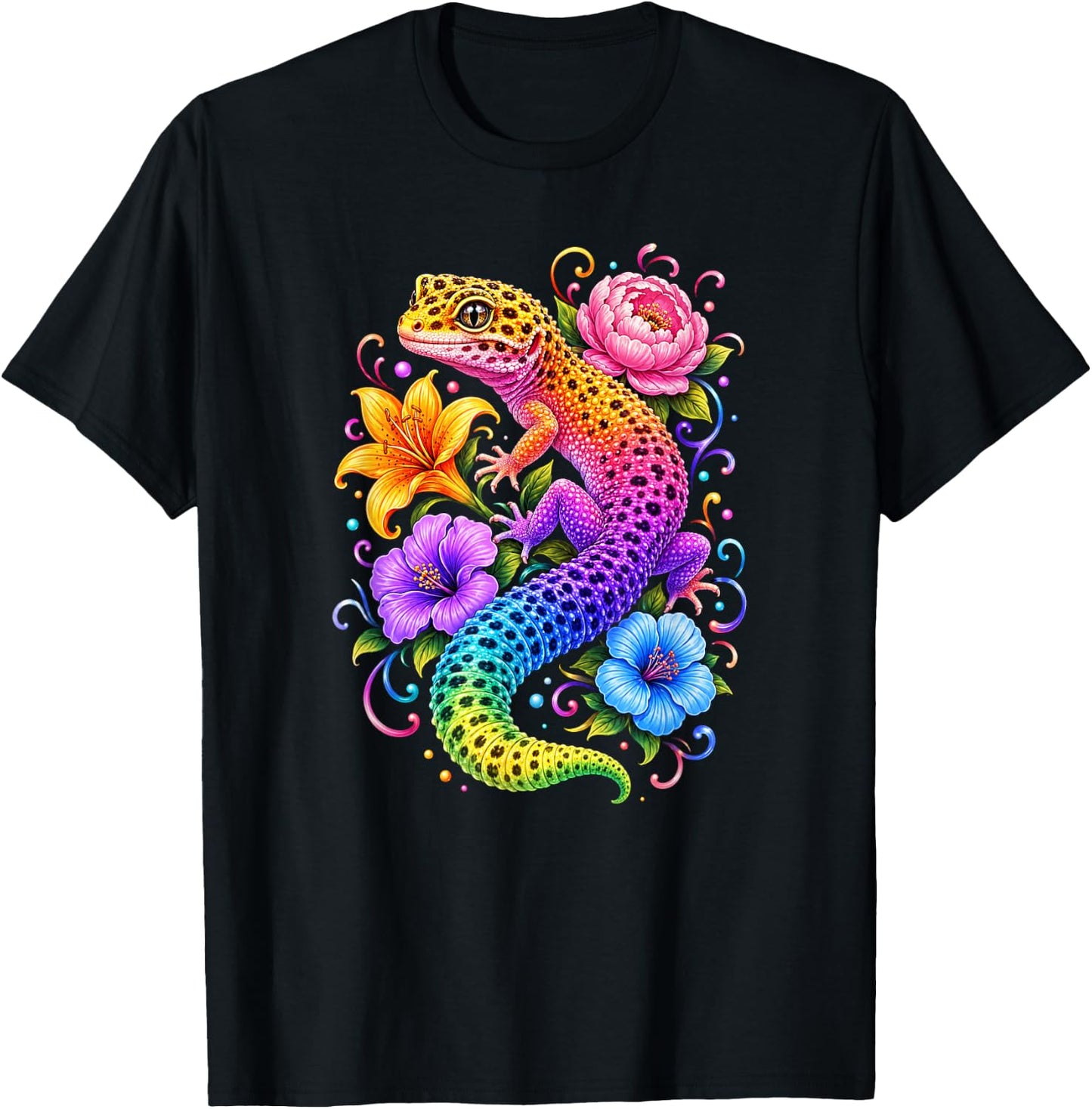 Colorful Cute Leopard Gecko Flowers Rainbow Women Girls Kids T-Shirt - T-Shirt | Black
