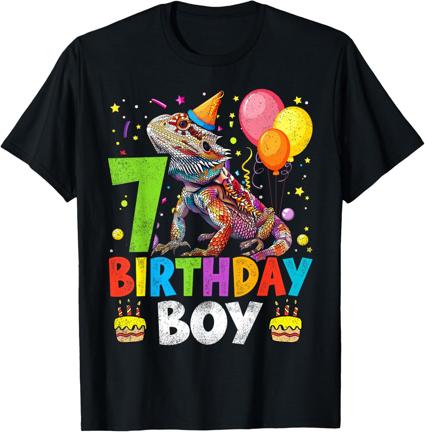 7th Birthday Boy Bearded Dragon 7 Years Old Bday Party T-Shirt - T-Shirt | Black