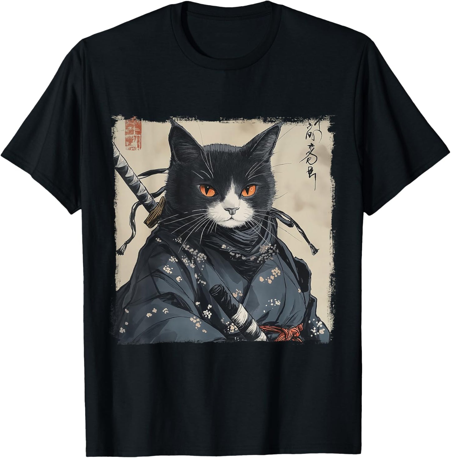 Japanese Samurai Cat Ukiyo-e Warrior Art Japan Vintage T-Shirt - T-Shirt | Black