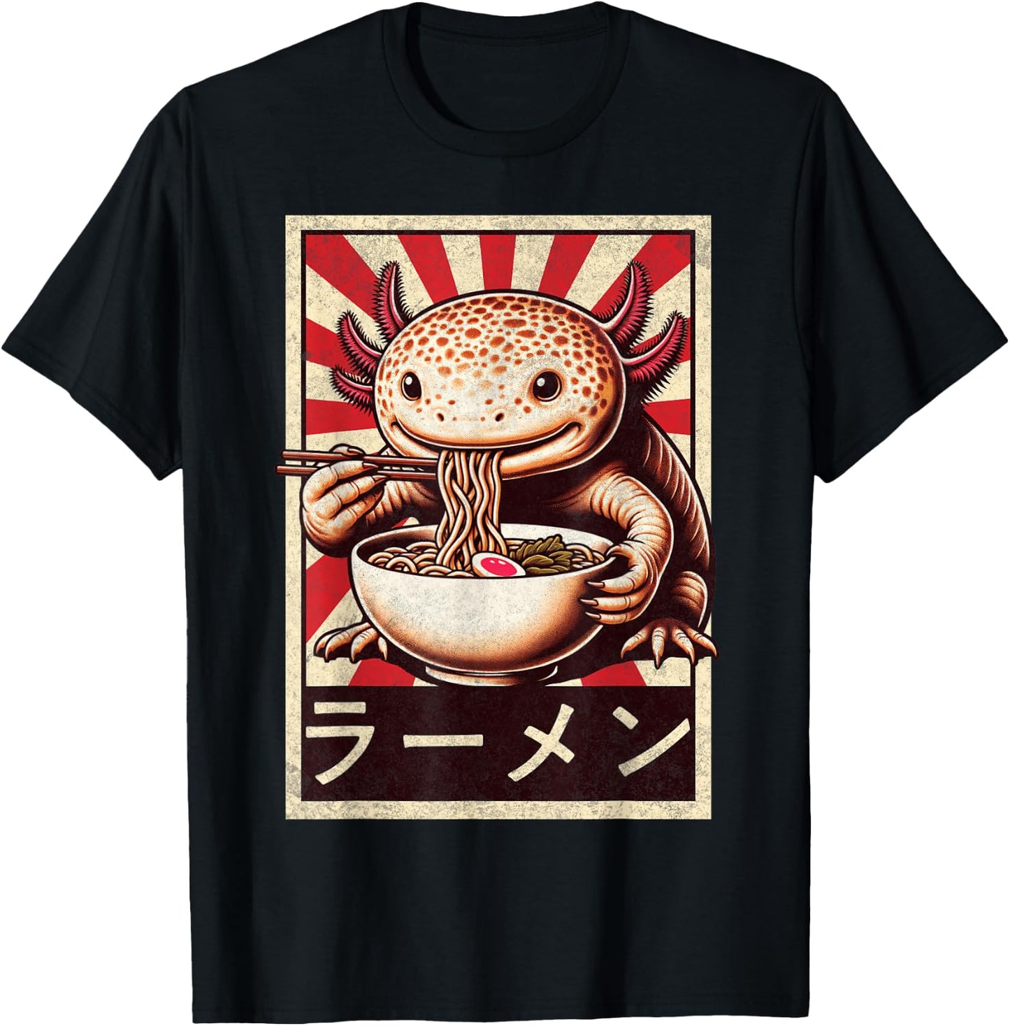 Funny Vintage Axolotl Eating Ramen. Anime Axolotl Ramen T-Shirt - T-Shirt | Black