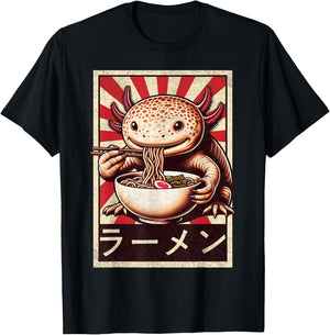 Funny Vintage Axolotl Eating Ramen. Anime Axolotl Ramen T-Shirt - T-Shirt | Black