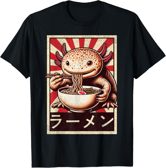 Funny Vintage Axolotl Eating Ramen. Anime Axolotl Ramen T-Shirt - T-Shirt | Black