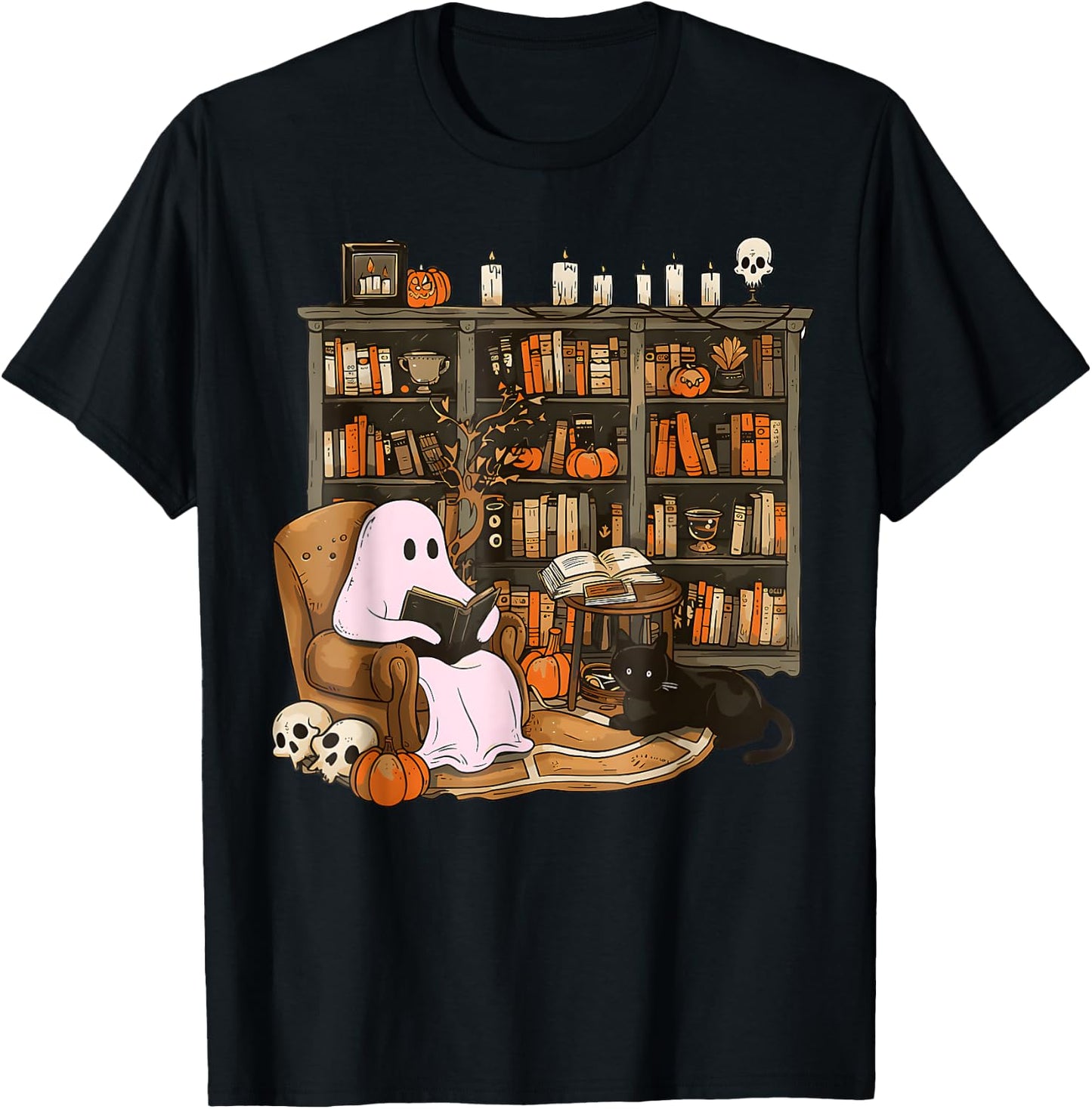 Vintage Ghost Book Reading Pumpkin Gothic Halloween Teachers T-Shirt - T-Shirt | Black