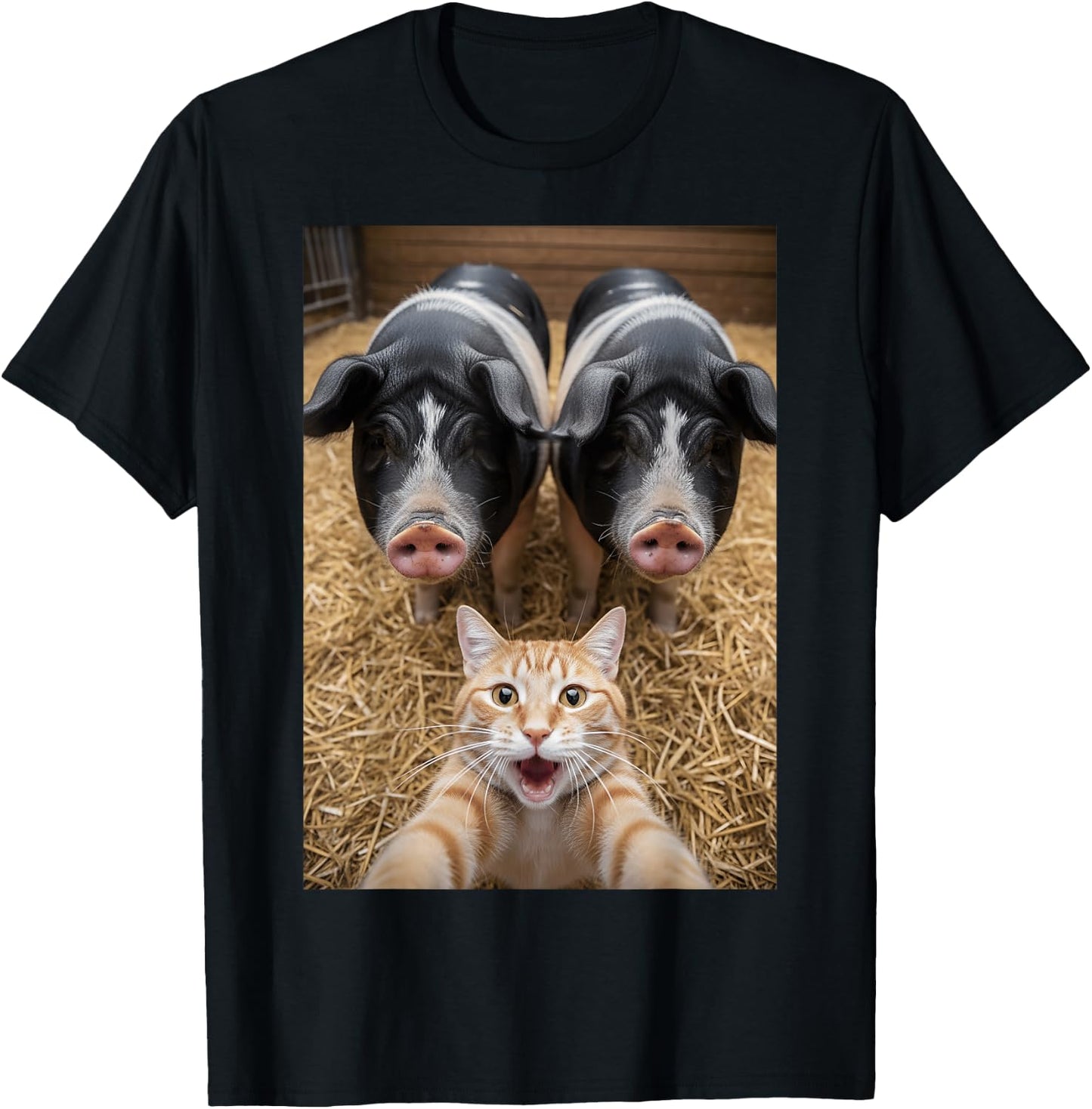 Funny Cat Selfie with Pigs Design – Cute Animal Pig Lovers T-Shirt - T-Shirt | Black