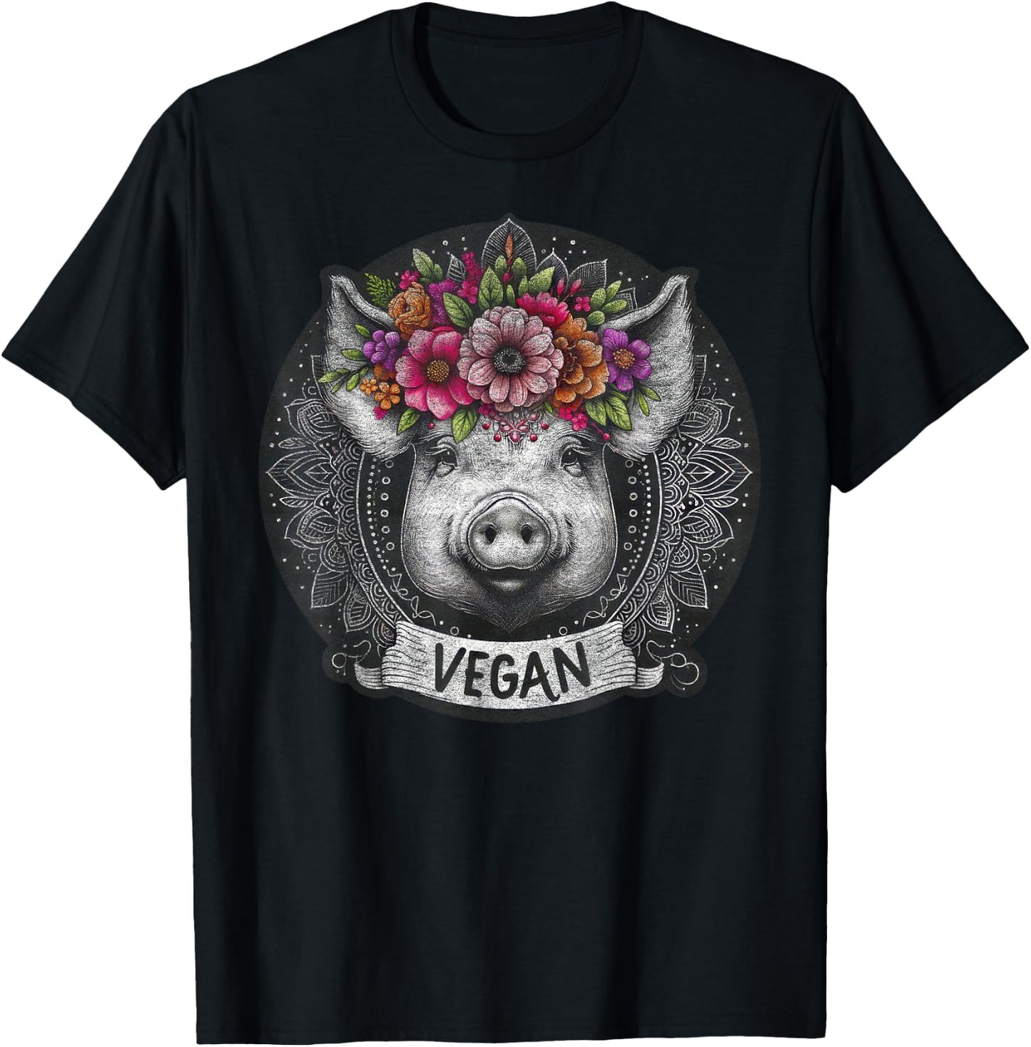 Pig with Flowers Vegan Retro – Boho Hippie Cute T-Shirt - T-Shirt | Black