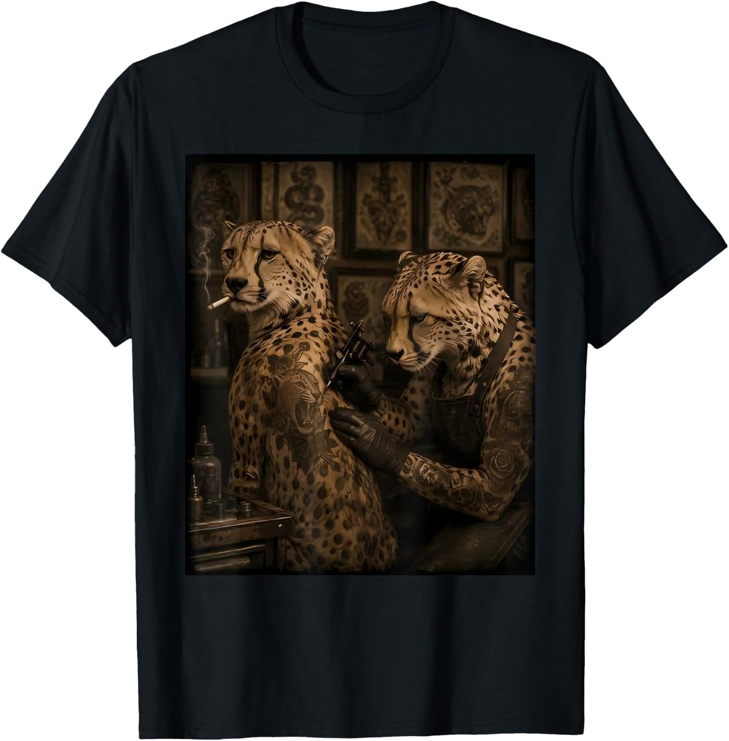 Retro Cheetah Smoking Tattoo Artist Funny Wild Animal Meme T-Shirt - T-Shirt | Black