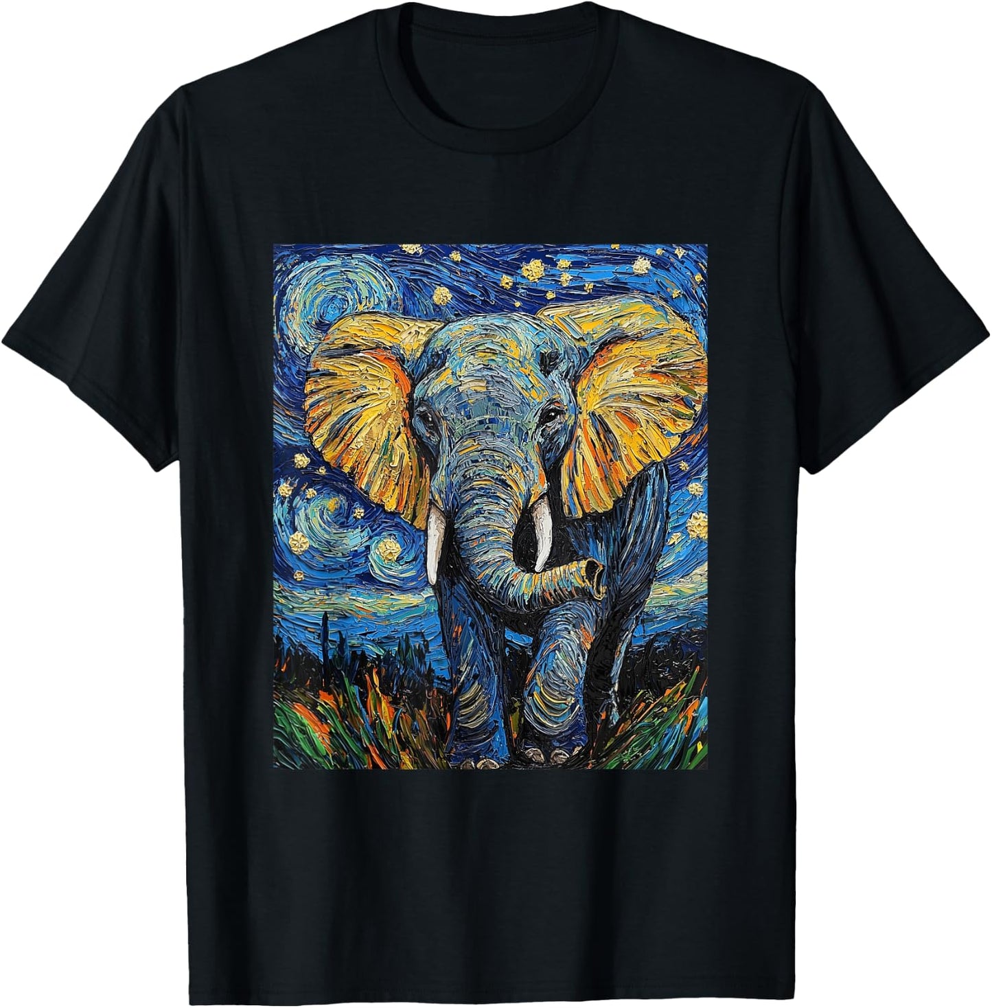 Cute Elephant Africa - Van Gogh Style - Starry Night T-Shirt - T-Shirt | Black