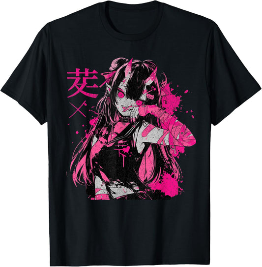 Goth Grunge Demon Anime Girl Waifu Horror Old Aesthetic T-Shirt - T-Shirt | Black