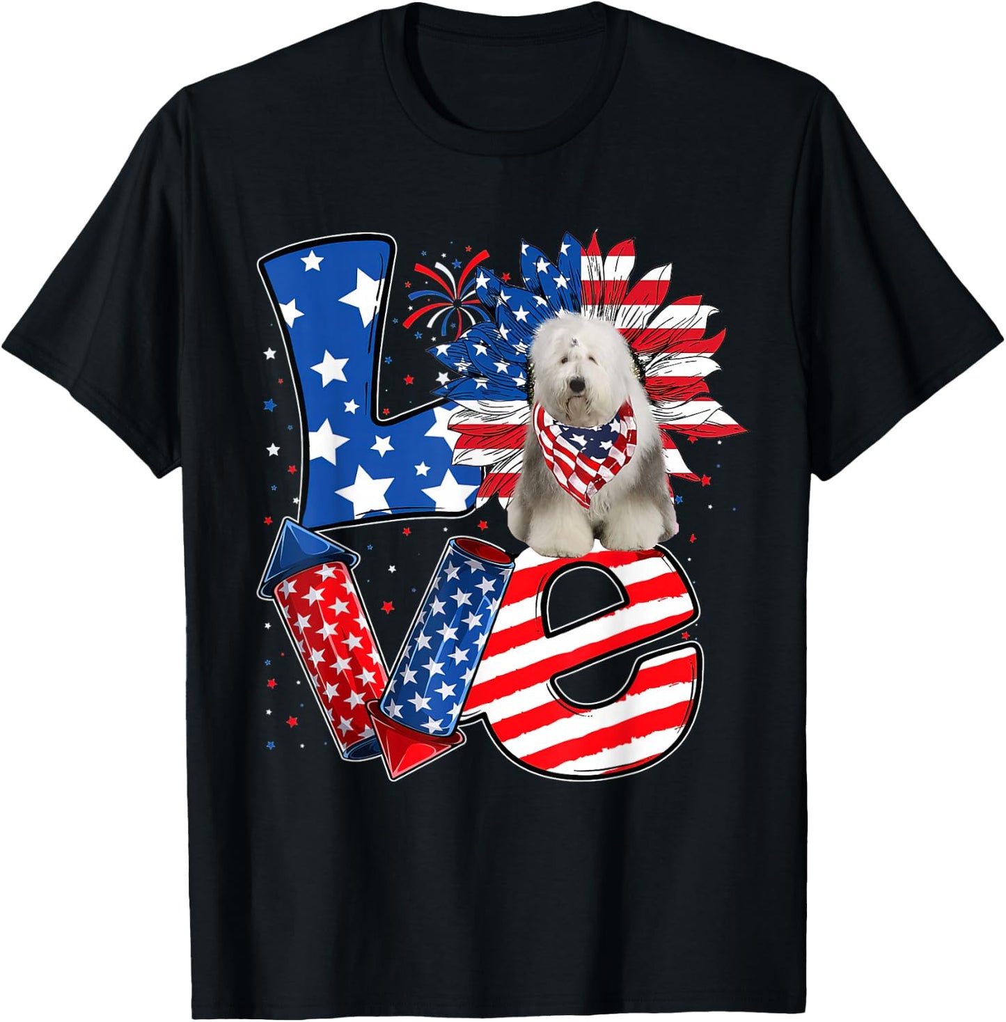 4th of July Decor Patriotic LOVE Old English Sheepdog Dog T-Shirt - T-Shirt | Black