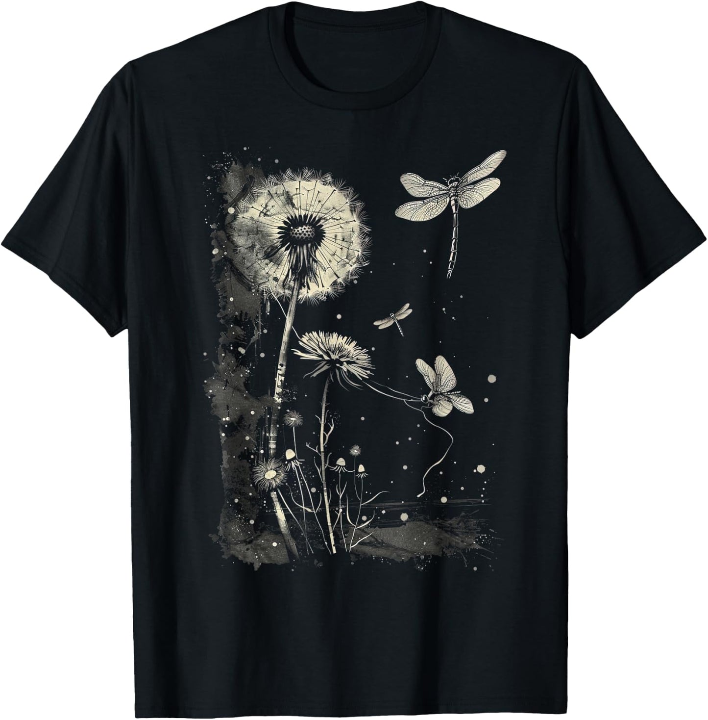 Dandelion Puff Ball with Dragonfly T-Shirt - T-Shirt | Black