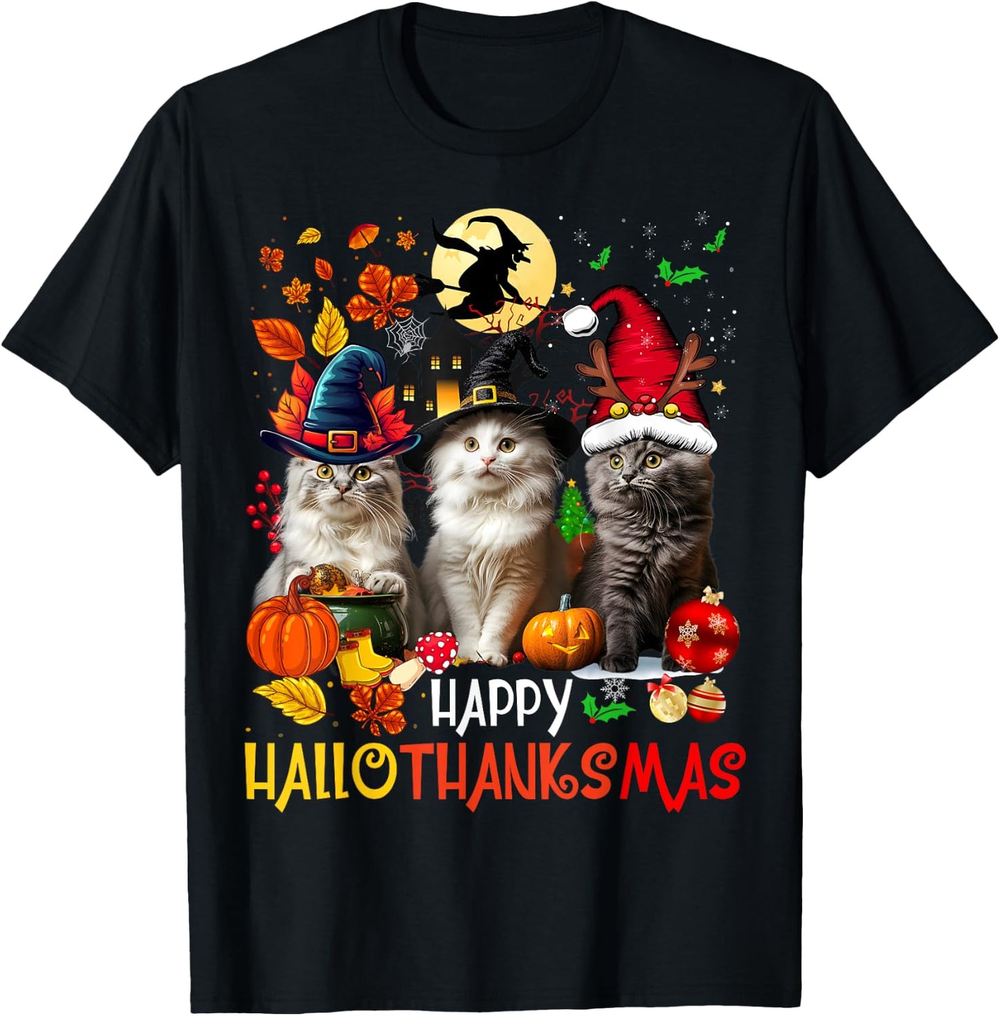 Halloween Thanksgiving Christmas Happy HalloThanksMas Cats T-Shirt - T-Shirt | Black