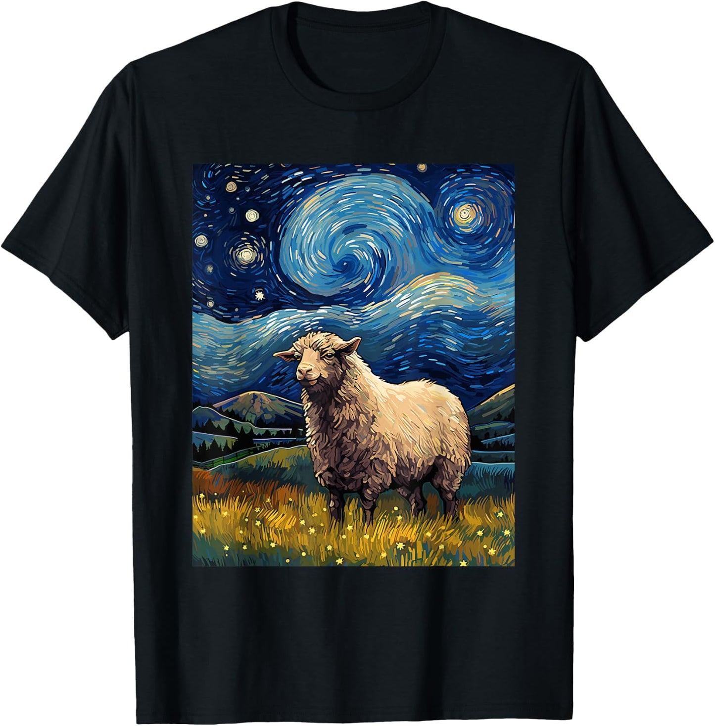 Sheep Starry Night Van Gogh Art Lover T-Shirt - T-Shirt | Black