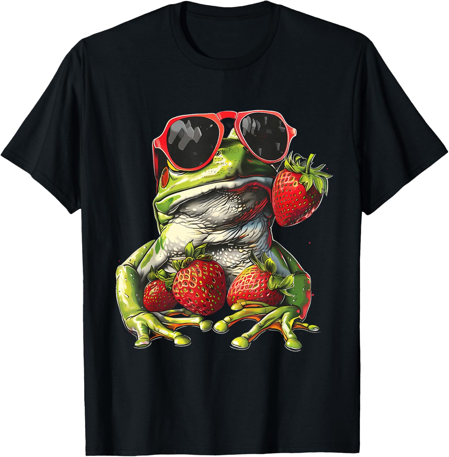 Strawberry Frog Sunglasses Wildlife Artwork Strawberry Fruit T-Shirt - T-Shirt | Black