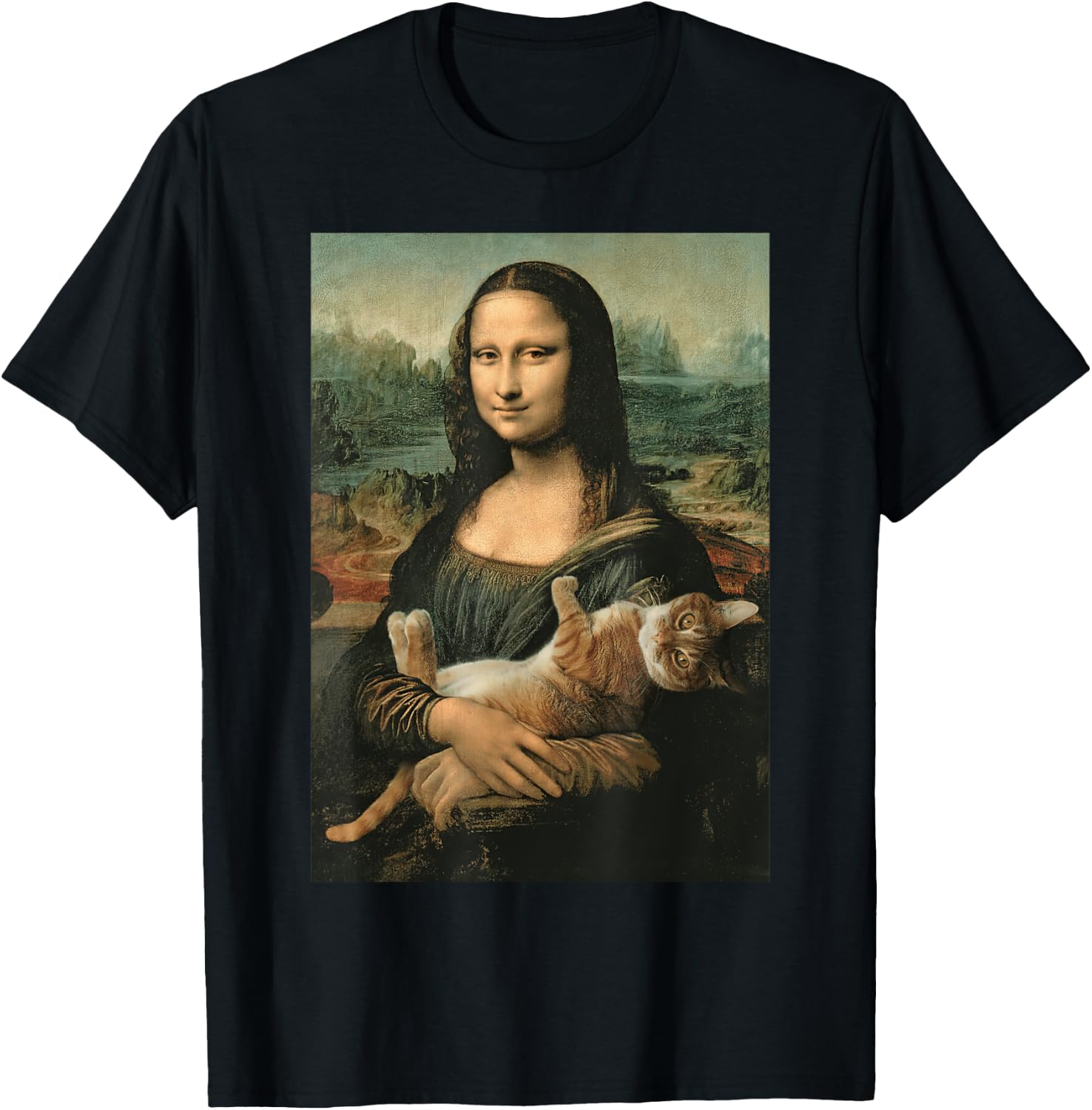 Mona Lisa With Orange Cat Funny Art Painting T-Shirt - T-Shirt | Black