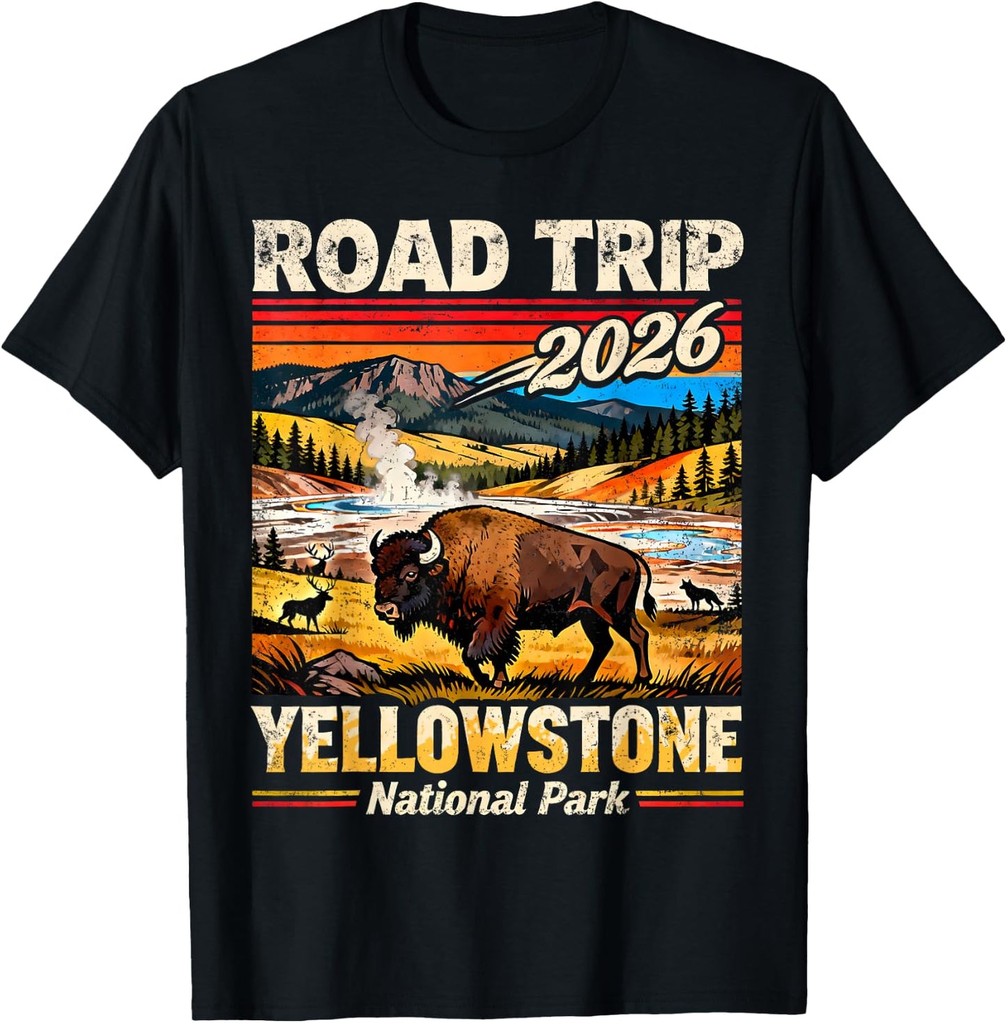 Retro Road Trip 2026 Yellowstone National Park Vacation T-Shirt - T-Shirt | Black
