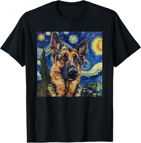 German Shepherd Dog Van Gogh Style Starry Night T-Shirt - T-Shirt | Black