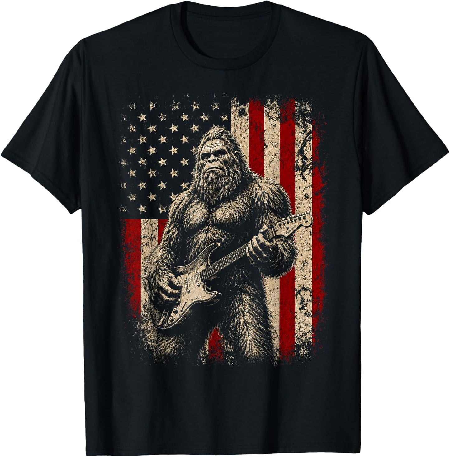 Bigfoot Sasquatch Playing Guitar 4th July American USA Flag T-Shirt - T-Shirt | Black