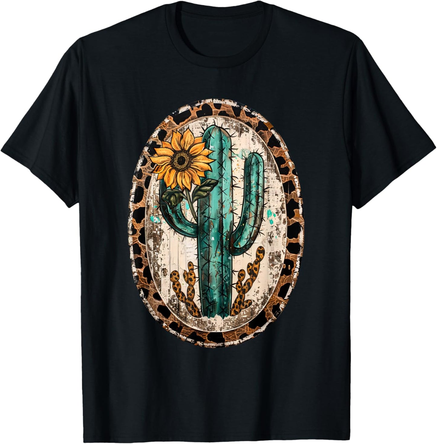 Vintage Western Turquoise Teal Cactus Sunflower Leopard T-Shirt - T-Shirt | Black