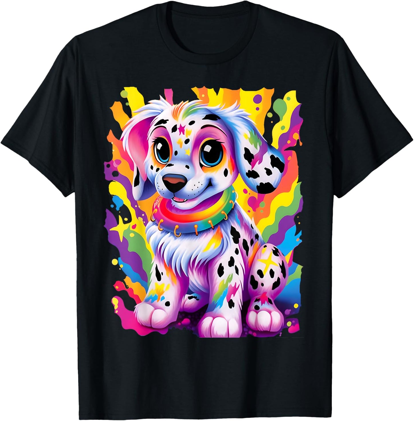 Dalmatian Puppy Colorful Rainbow Vibrant Graphic T-Shirt - T-Shirt | Black
