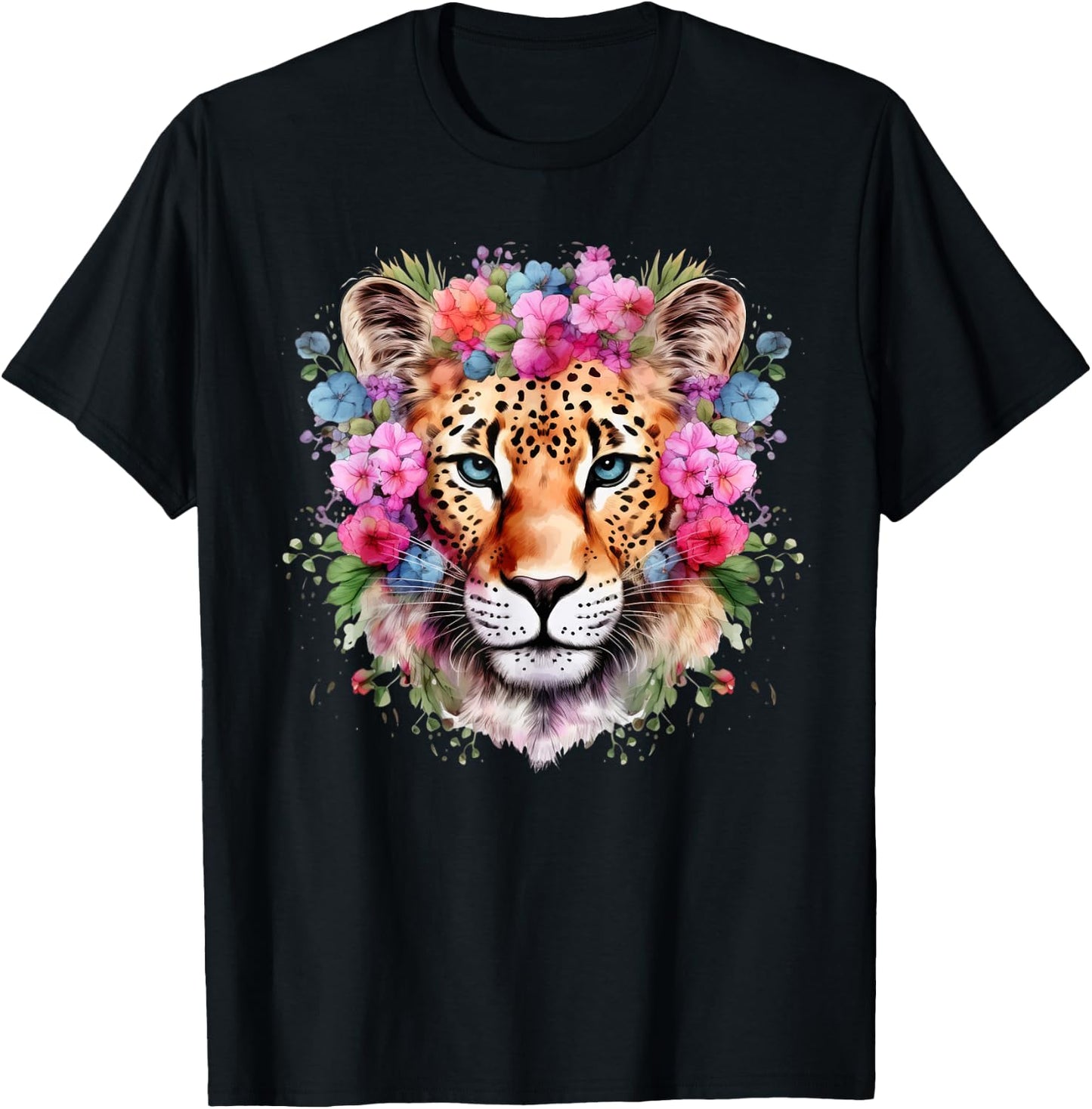Leopard with Flowers Colorful Floral Leopards Animal Lovers T-Shirt - T-Shirt | Black