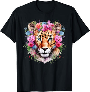 Leopard with Flowers Colorful Floral Leopards Animal Lovers T-Shirt - T-Shirt | Black