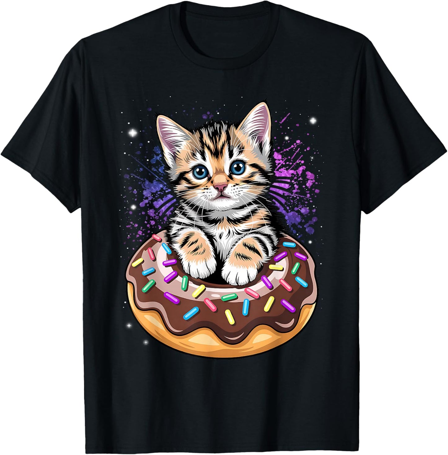 Space Donut Cat | Flying Kitty Galaxy T-Shirt - T-Shirt | Black