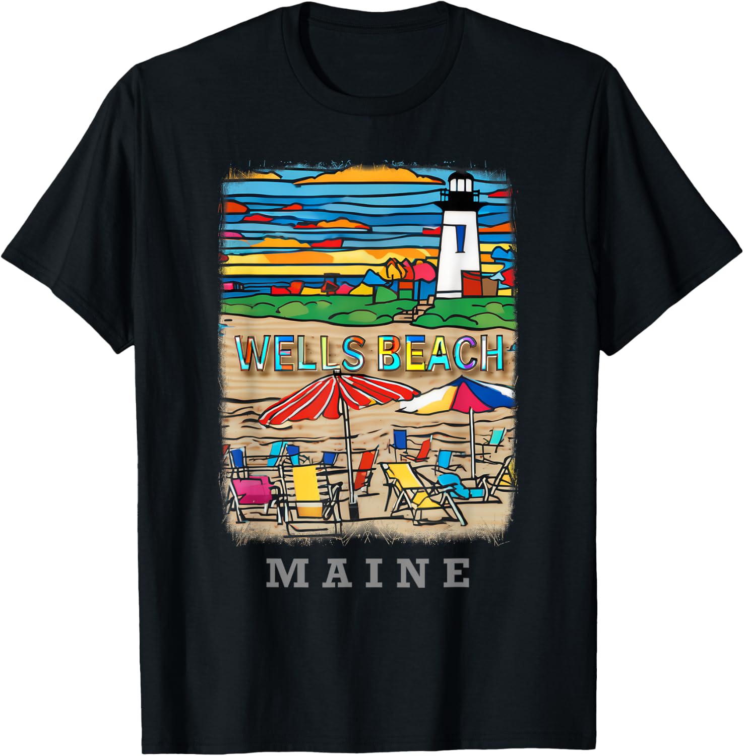 Wells Beach Maine ME Coastal Charm SD494 Men Women Girls Kids T-Shirt - T-Shirt | Black