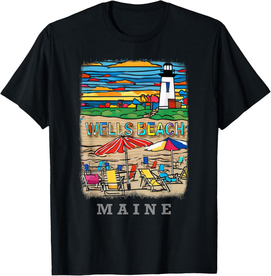Wells Beach Maine ME Coastal Charm SD494 Men Women Girls Kids T-Shirt - T-Shirt | Black