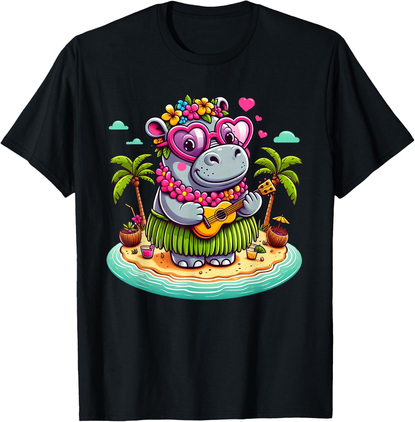Funny Hippo Hawaiian Costume Kids Summer Vacation Hippo T-Shirt - T-Shirt | Black