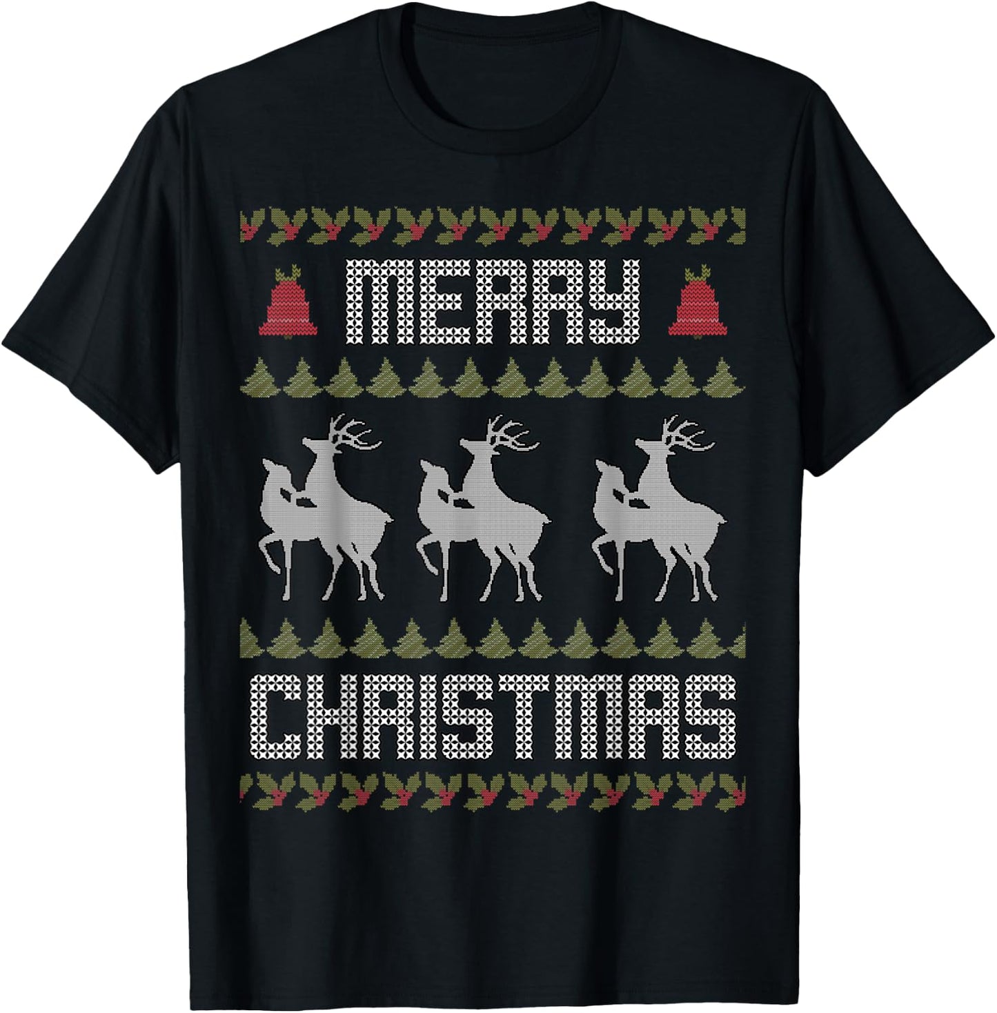Merry Christmas Deers Humping Funny Holiday Reindeer T-Shirt - T-Shirt | Black