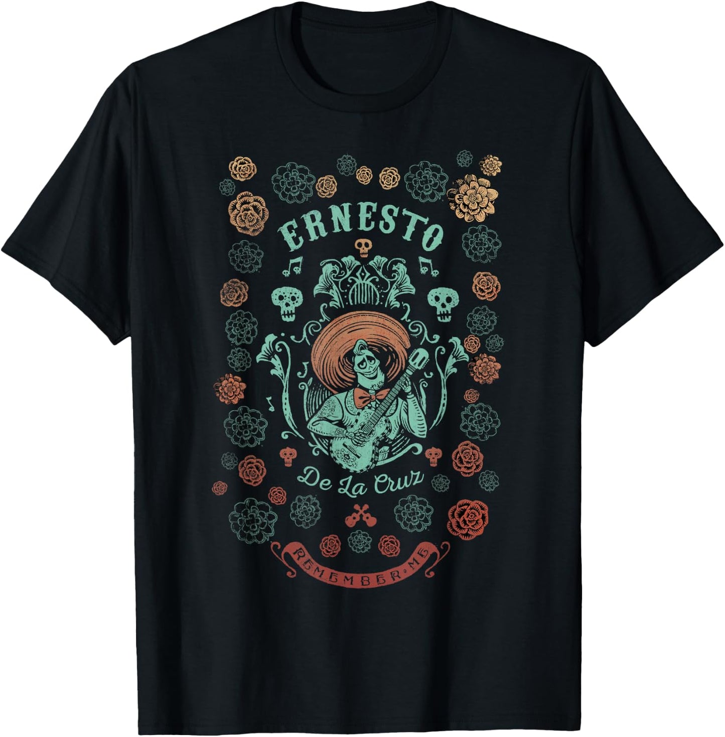 Disney Pixar Coco Ernesto Remember Me Floral Style T-Shirt - T-Shirt | Black