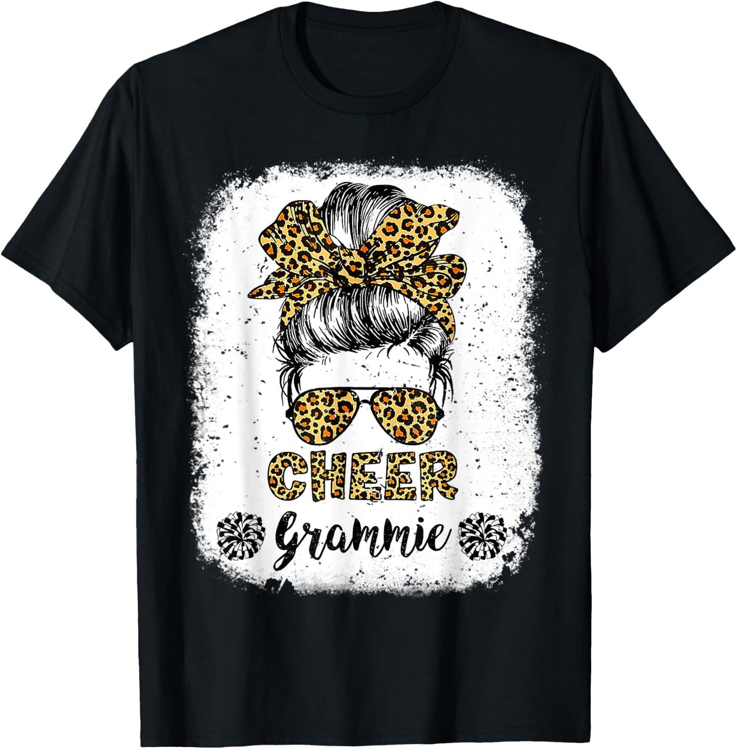 Cheer Grammie Leopard Messy Bun Cheerleader Bleached T-Shirt - T-Shirt | Black