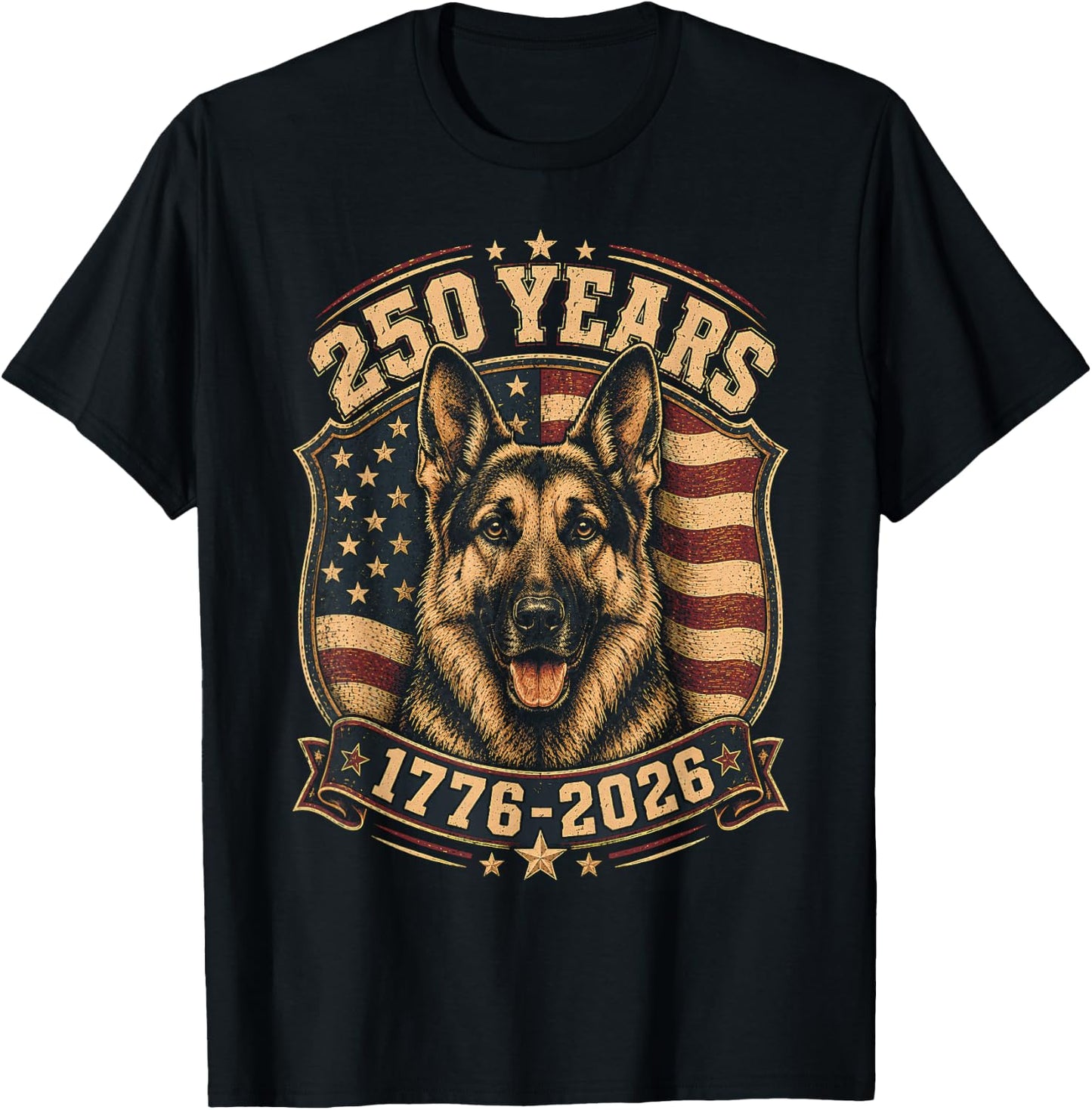250th Anniversary USA 2026 American Flag German Shepherd T-Shirt - T-Shirt | Black
