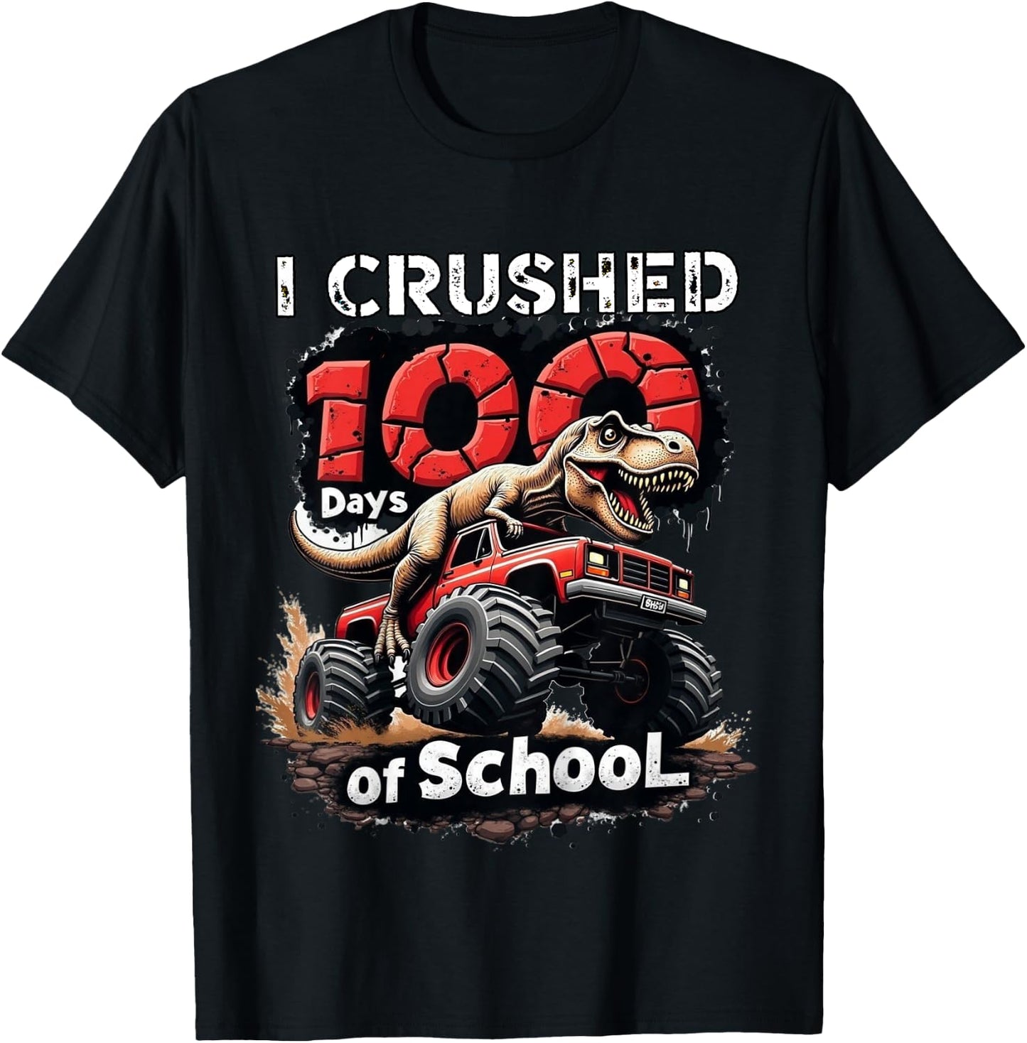 Kids I Crushed 100 Days of School Dinosaur Monster Truck Boy T-Shirt - T-Shirt | Black