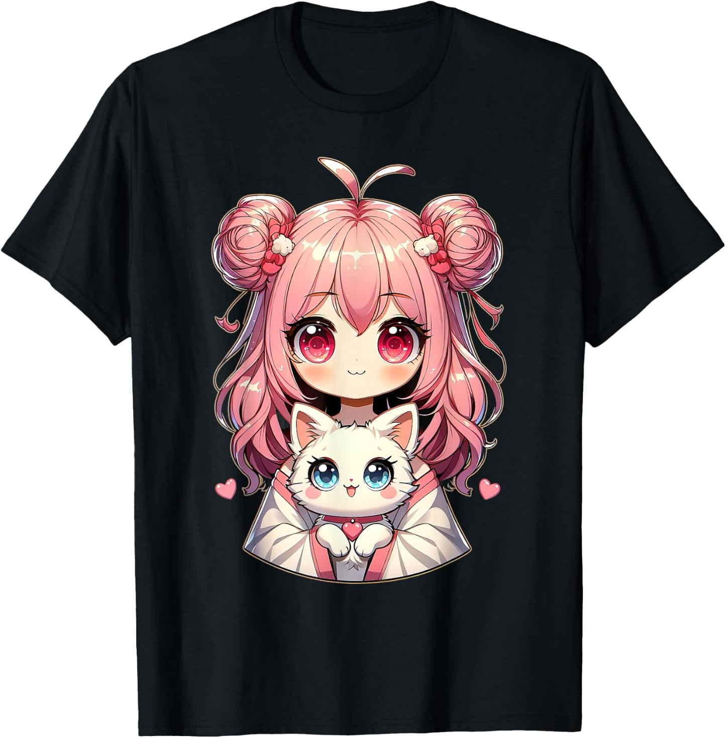Anime Cute Cat Lovers Kawaii Manga Otaku Anime Girl Pink , Black, S T-Shirt - T-Shirt | Black
