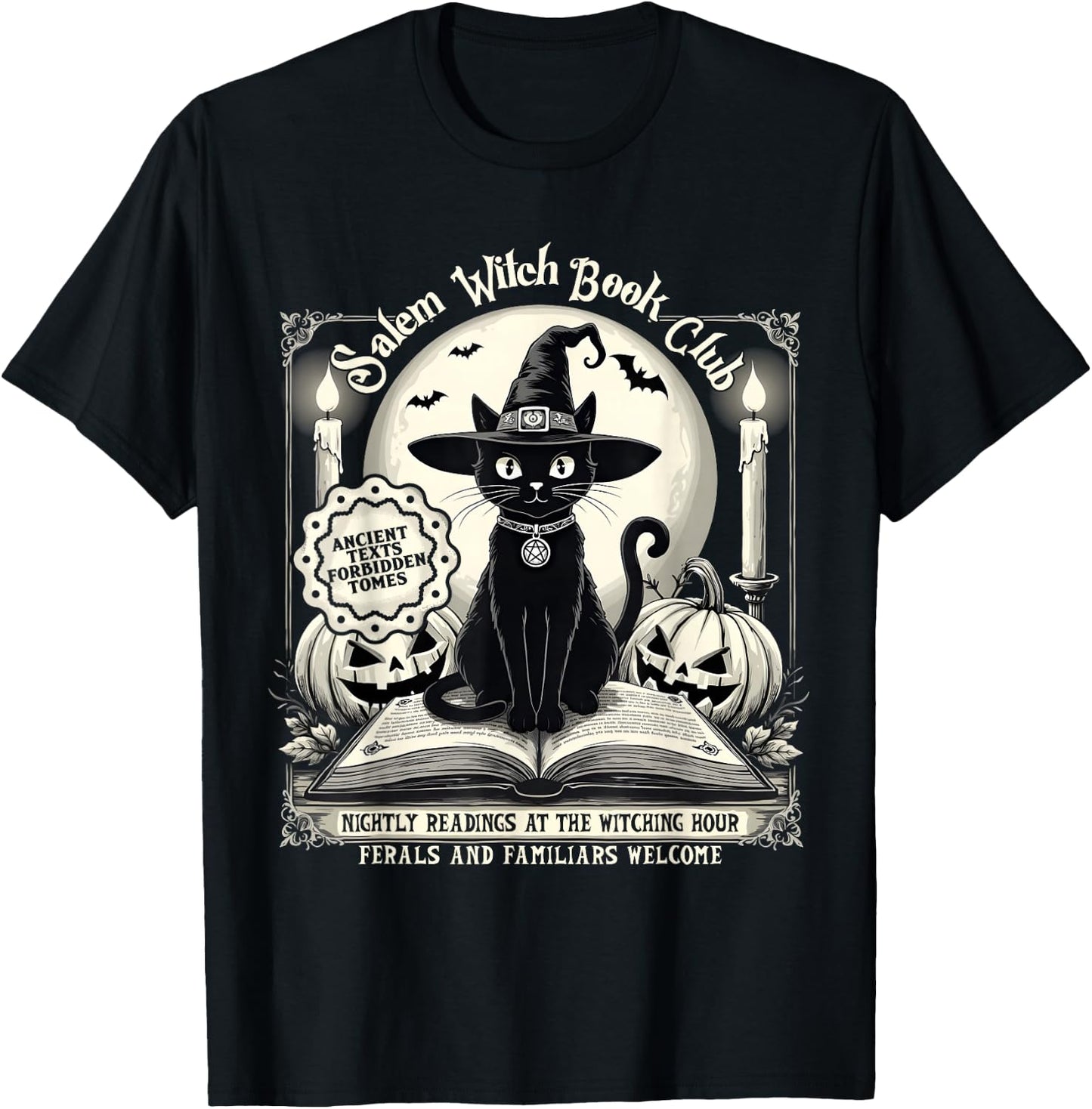 Salem Witch Book Club Vintage Halloween Cat Noir Book Lover T-Shirt - T-Shirt | Black
