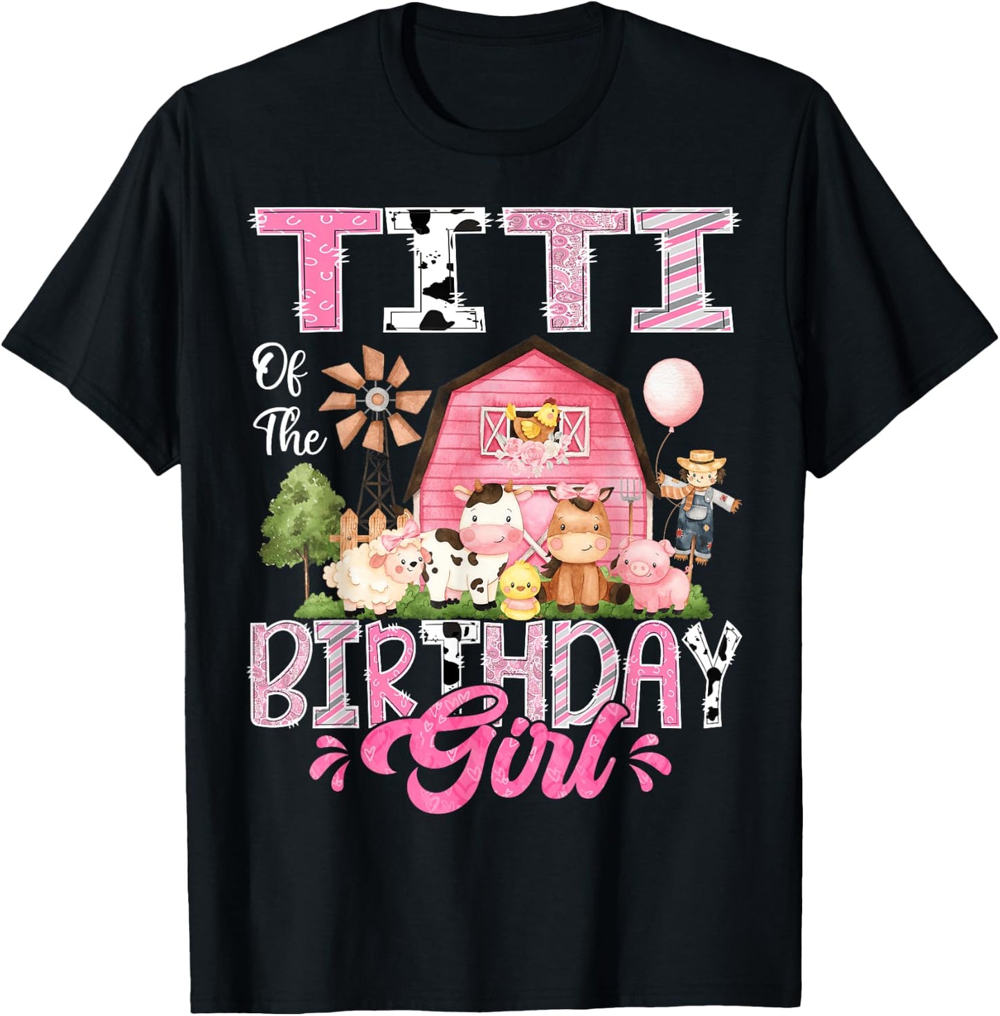 Titi Of The Birthday Girl Pink Farm Cow First Birthday T-Shirt - T-Shirt | Black